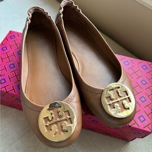 Tory Burch Tan Leather Minnie Travel Ballet with Gold Metal Logo